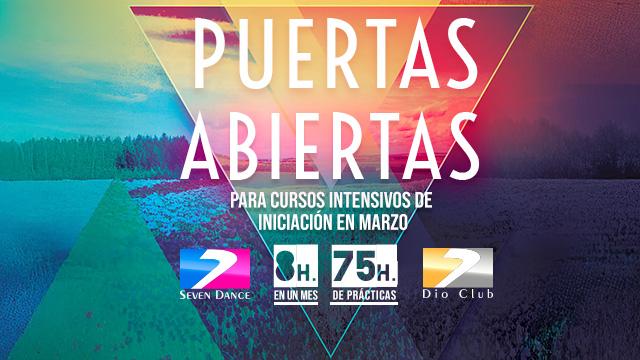 Puertas Abiertas Seven Dance para cursos intensivos de iniciación en marzo. Fondo colorido con paisaje y formas geométricas. Texto destacado: “Puertas Abiertas – Para cursos intensivos de iniciación en marzo”. Incluye información “8 h en un mes · 75 h de prácticas” y logos de Seven Dance y Dio Club.
