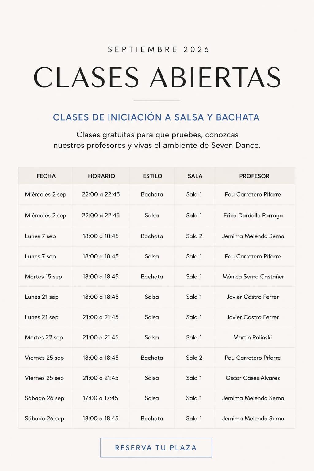 Clases abiertas gratuitas de iniciación a salsa y bachata en Barcelona - Septiembre 2026 | Seven Dance. Consulta fechas, horarios y reserva tu plaza.