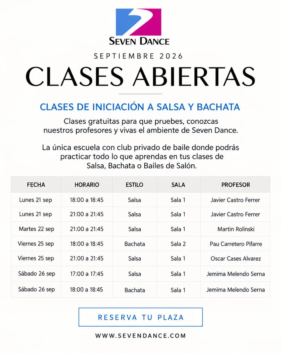 Clases abiertas gratuitas de iniciación a salsa y bachata en Barcelona - Septiembre 2026 | Seven Dance. Consulta fechas, horarios y reserva tu plaza.
