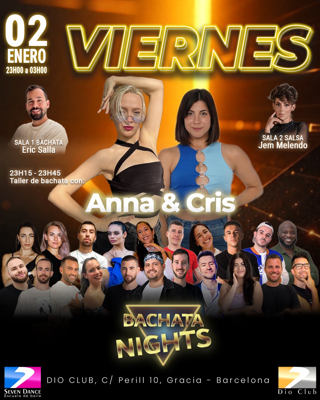 Social de bachata y salsa en Dio Club Barcelona con taller de bachata de Anna y Cris, DJs Eric Salla y Jem Melendo, viernes 2 de enero, primer social del año 2026.
