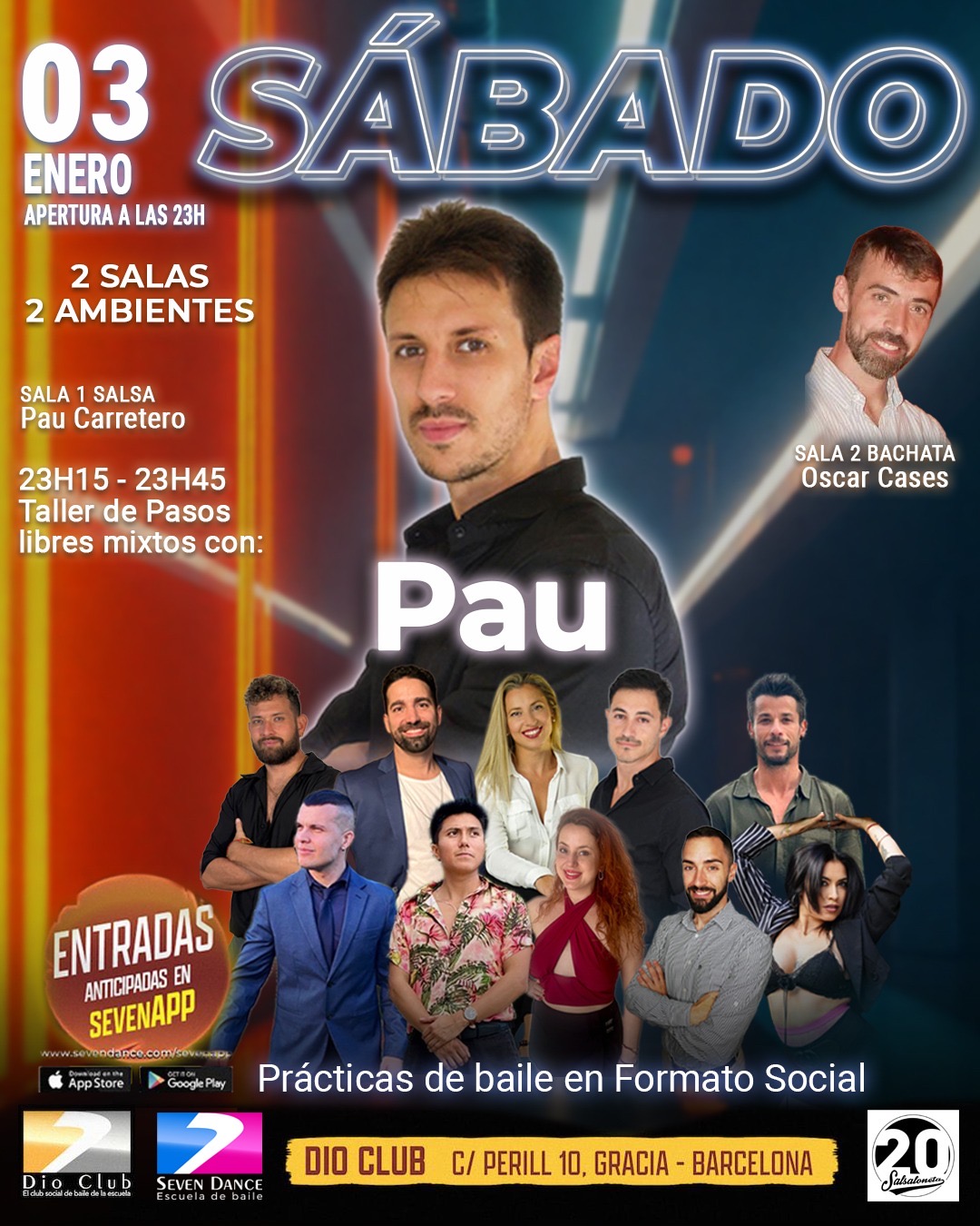 Social de salsa y bachata en Dio Club Barcelona con Pau Carretero y Oscar Cases, sábado 3 de enero