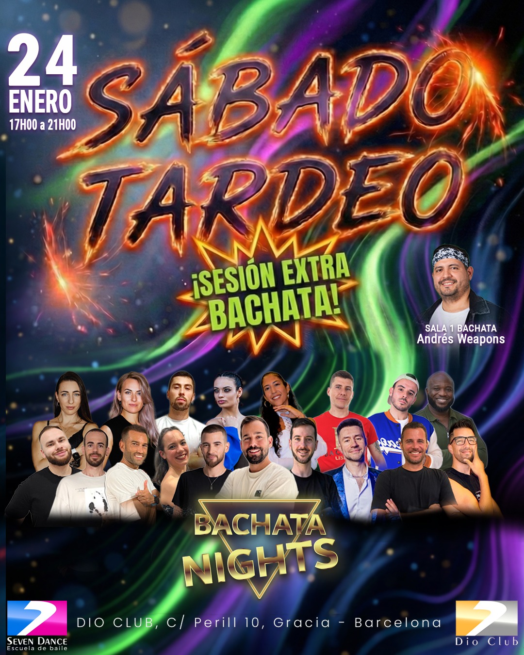 Bachata tardeo en Barcelona en Dio Club Seven Dance, sesión Sábados de PeTardeo con social de bachata por la tarde