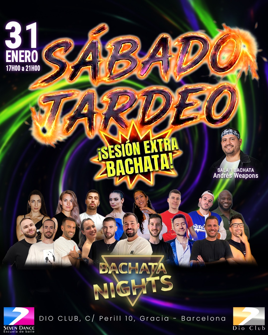 Bachata tardeo en Barcelona en Dio Club Seven Dance, sesión Sábados de PeTardeo con social de bachata por la tarde