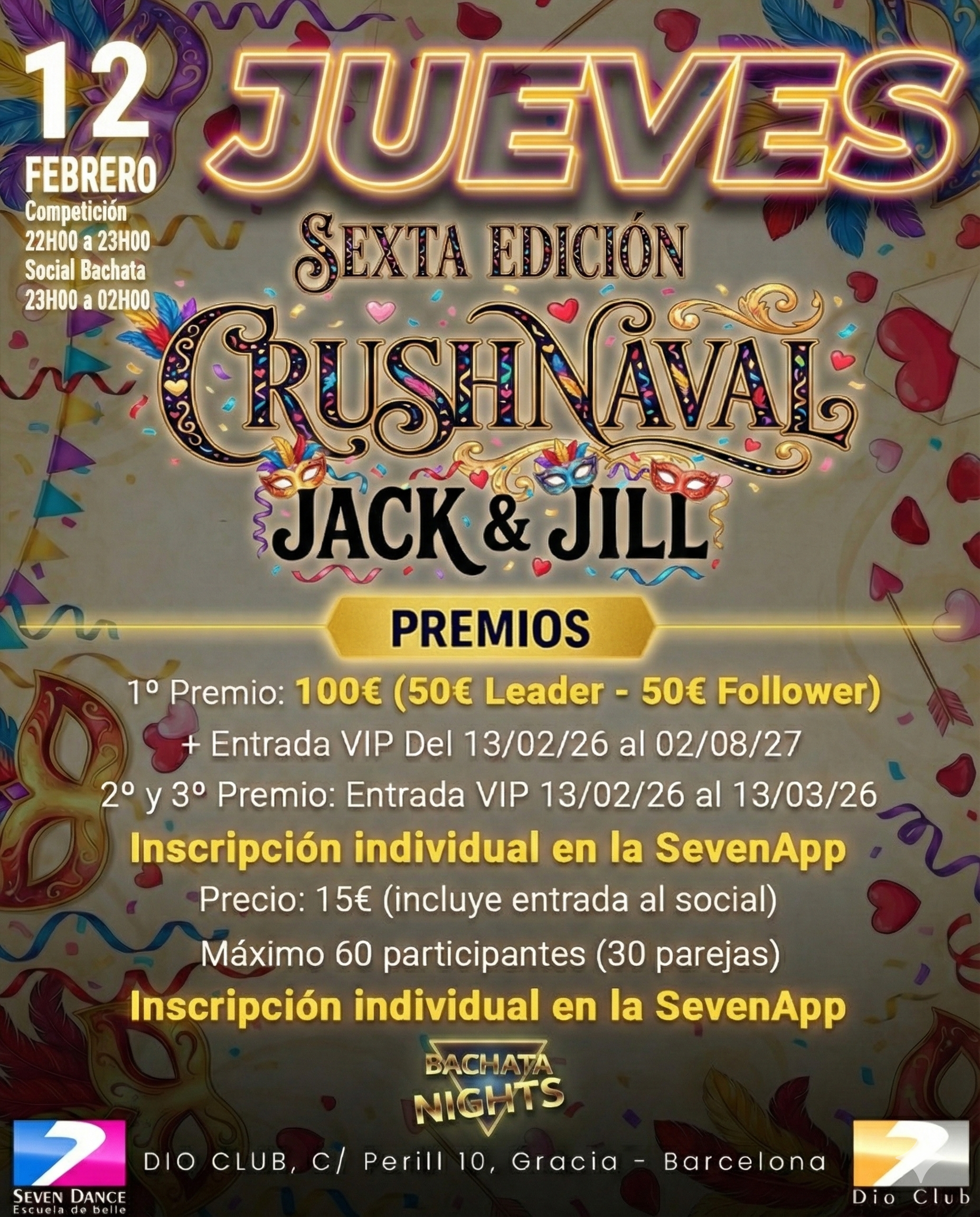 Participantes bailando bachata durante una competición Jack & Jill en Dio Club, ambiente festivo y social de bachata en Seven Dance, Barcelona.