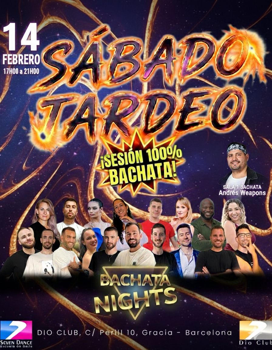 Bachata tardeo en Barcelona en Dio Club Seven Dance, sesión Sábados de PeTardeo con social de bachata por la tarde