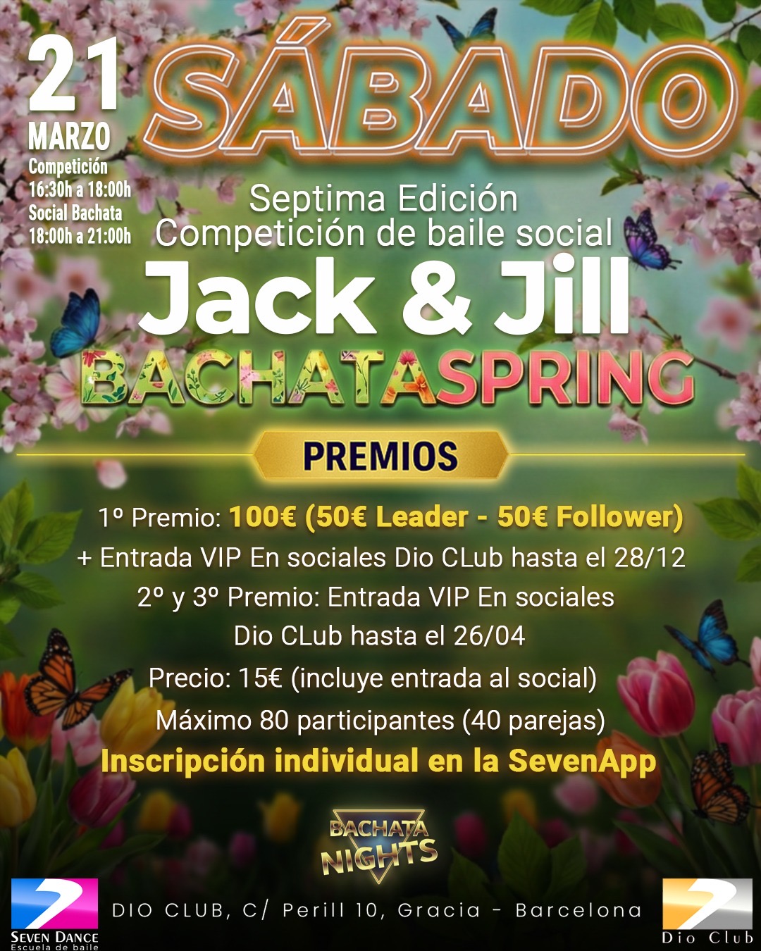 Evento Jack & Jill Bachata Spring en Seven Dance Barcelona, séptima edición con entrega de dorsales, competición de bachata e inscripción individual a través de SevenApp en Dio Club.