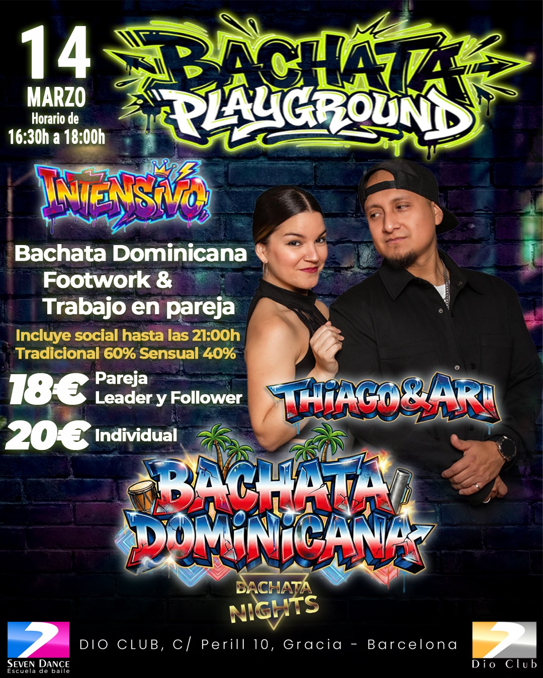 Cartel promocional de Dio Club con diseño minimalista en fondo blanco y marco dorado. En la parte superior aparece la palabra “SÁBADO”, seguida de “INTENSIVO + ENTRADA AL SOCIAL” en tipografía destacada dorada. En la parte inferior se muestra el logotipo de Dio Club con el texto “El club social de baile de la escuela”.