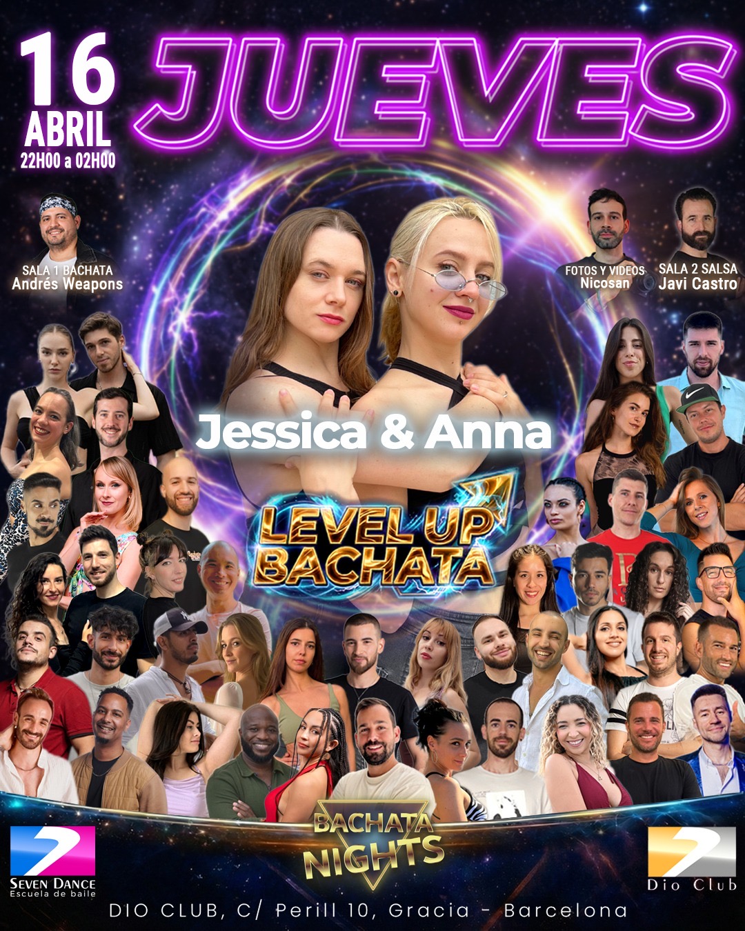 Flyer de LEVEL UP BACHATA en Dio Club Barcelona con Jessica & Anna, Andrés Weapons en bachata y Javi Castro en salsa, el 16 de abril en Gràcia Barcelona