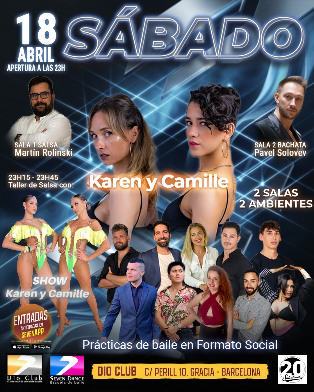 Evento Dio Club sábado 11 de abril en Barcelona con taller de salsa de Pau & Mar, salsa en Sala 1 con Pau Carretero y bachata en Sala 2 con Pavel Solovev, prácticas de baile en formato social con acceso mediante SevenApp