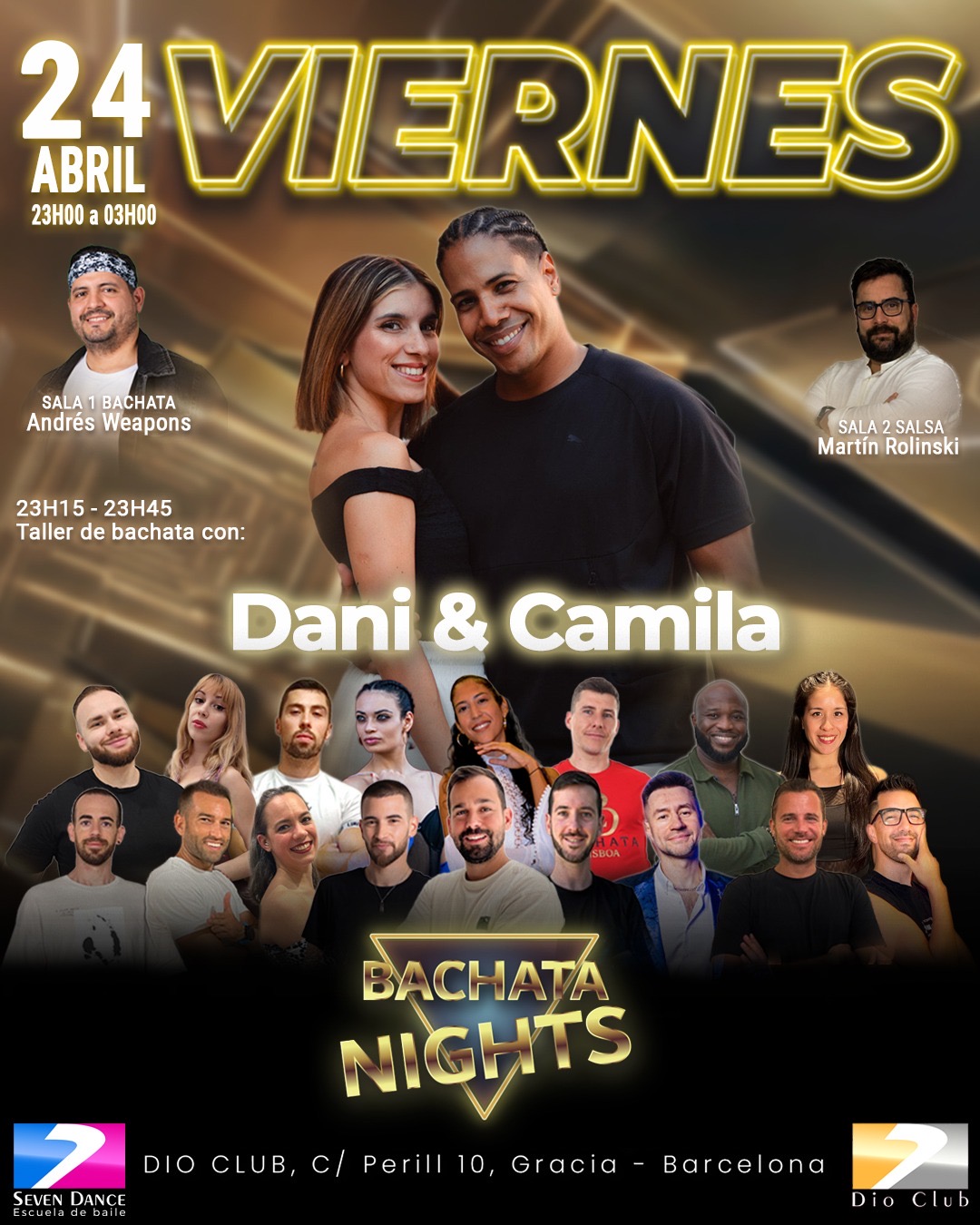 Flyer de evento Bachata Nights en Dio Club Barcelona el viernes 17 de abril, con taller de bachata de Thiago & Ari, Andrés Weapons en sala bachata y Jem Melendo en sala salsa, con programación de 23:00 a 03:00 y ambiente de baile social.