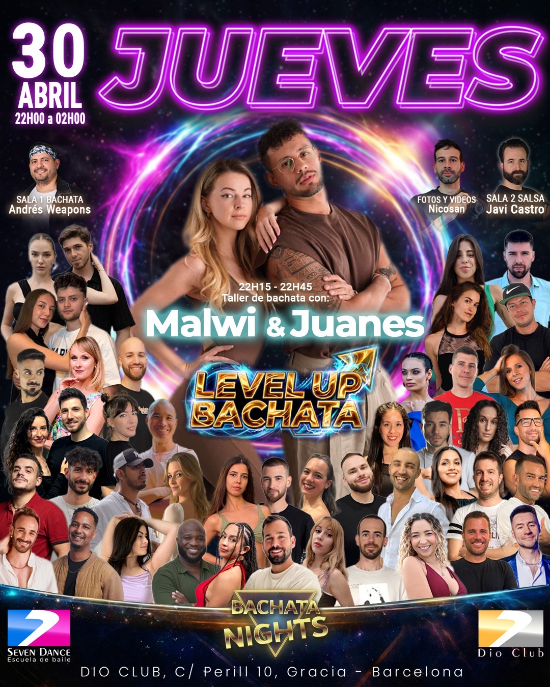 Flyer de LEVEL UP BACHATA en Dio Club Barcelona con Pavel & Laura , Andrés Weapons en bachata y Javi Castro en salsa, el 16 de abril en Gràcia Barcelona