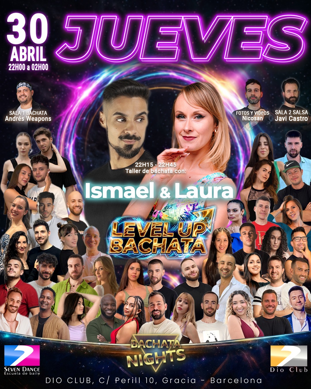 Flyer de LEVEL UP BACHATA en Dio Club Barcelona con Pavel & Laura , Andrés Weapons en bachata y Javi Castro en salsa, el 16 de abril en Gràcia Barcelona