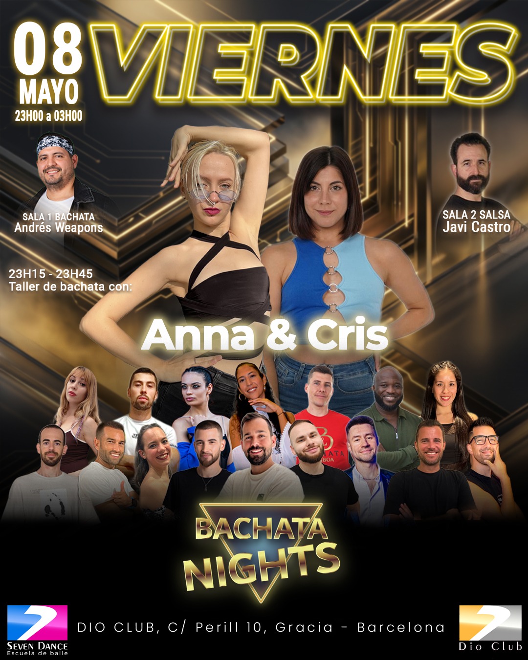 Flyer de evento Bachata Nights en Dio Club Barcelona el viernes 17 de abril, con taller de bachata de Thiago & Ari, Andrés Weapons en sala bachata y Jem Melendo en sala salsa, con programación de 23:00 a 03:00 y ambiente de baile social.