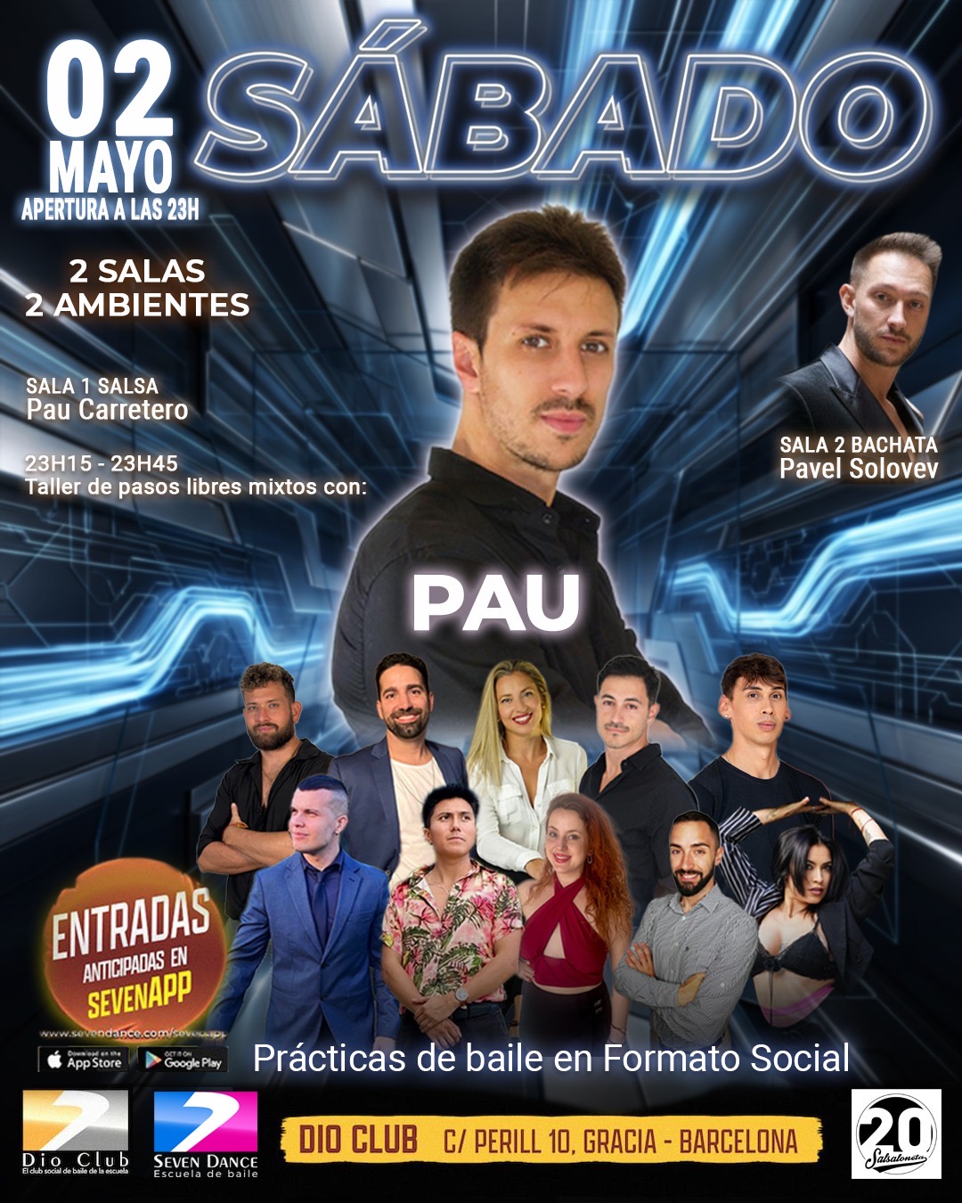 Evento Dio Club sábado 11 de abril en Barcelona con taller de salsa de Pau & Mar, salsa en Sala 1 con Pau Carretero y bachata en Sala 2 con Pavel Solovev, prácticas de baile en formato social con acceso mediante SevenApp