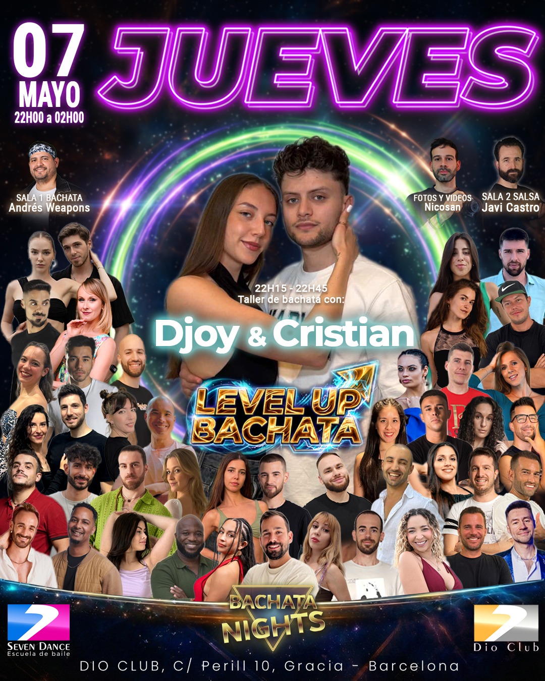Flyer de LEVEL UP BACHATA en Dio Club Barcelona con Pavel & Laura , Andrés Weapons en bachata y Javi Castro en salsa, el 16 de abril en Gràcia Barcelona