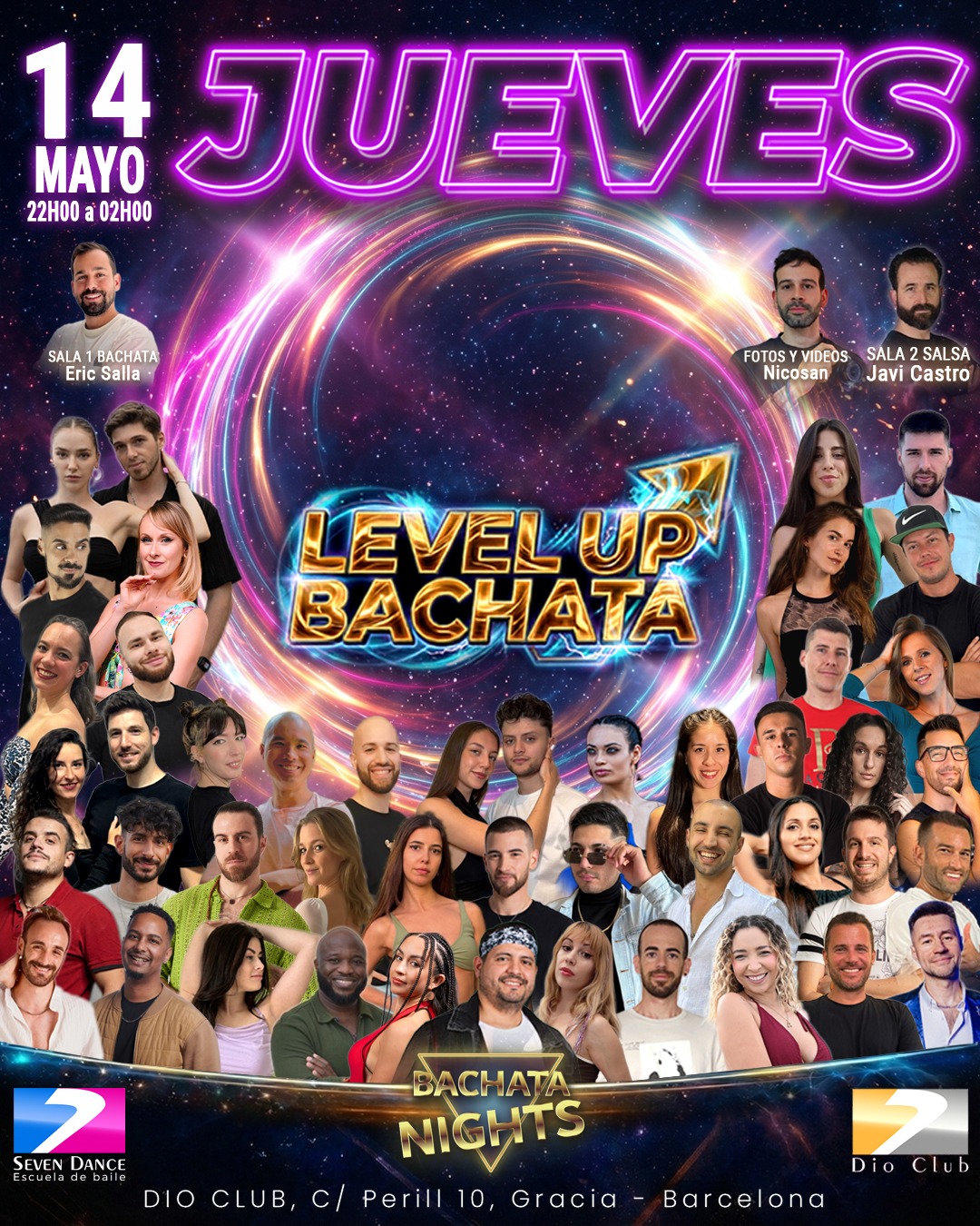 Flyer de LEVEL UP BACHATA en Dio Club Barcelona con Pavel & Laura , Andrés Weapons en bachata y Javi Castro en salsa, el 16 de abril en Gràcia Barcelona
