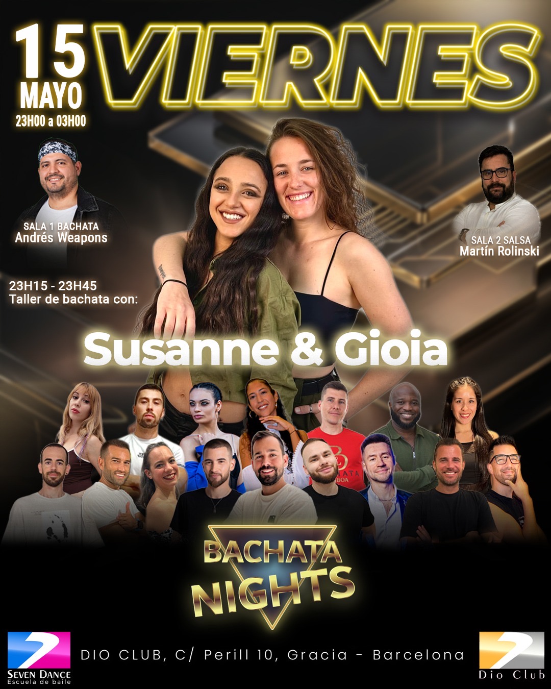 Flyer de evento Bachata Nights en Dio Club Barcelona el viernes 17 de abril, con taller de bachata de Thiago & Ari, Andrés Weapons en sala bachata y Jem Melendo en sala salsa, con programación de 23:00 a 03:00 y ambiente de baile social.