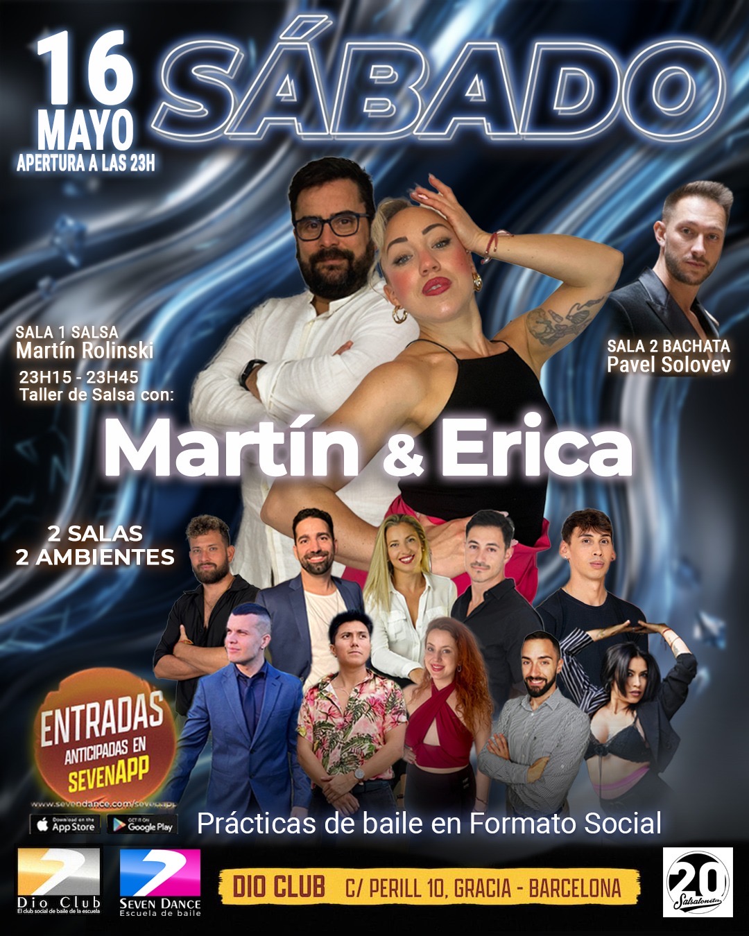 Evento Dio Club sábado 11 de abril en Barcelona con taller de salsa de Pau & Mar, salsa en Sala 1 con Pau Carretero y bachata en Sala 2 con Pavel Solovev, prácticas de baile en formato social con acceso mediante SevenApp