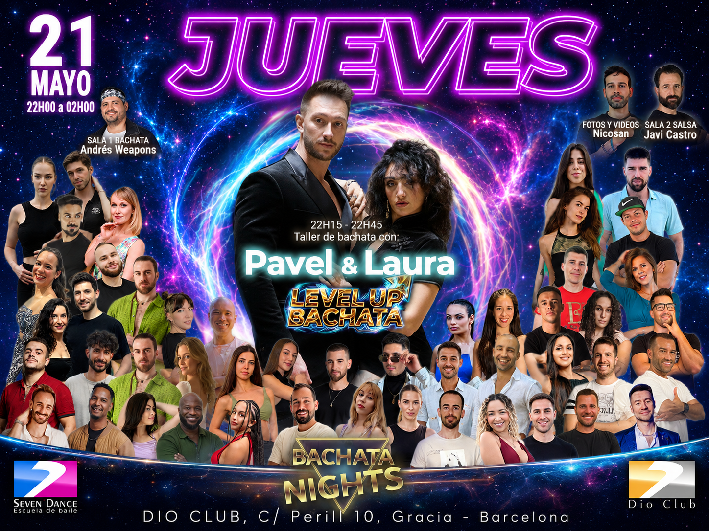 Flyer de LEVEL UP BACHATA en Dio Club Barcelona con Pavel & Laura , Andrés Weapons en bachata y Javi Castro en salsa, el 16 de abril en Gràcia Barcelona