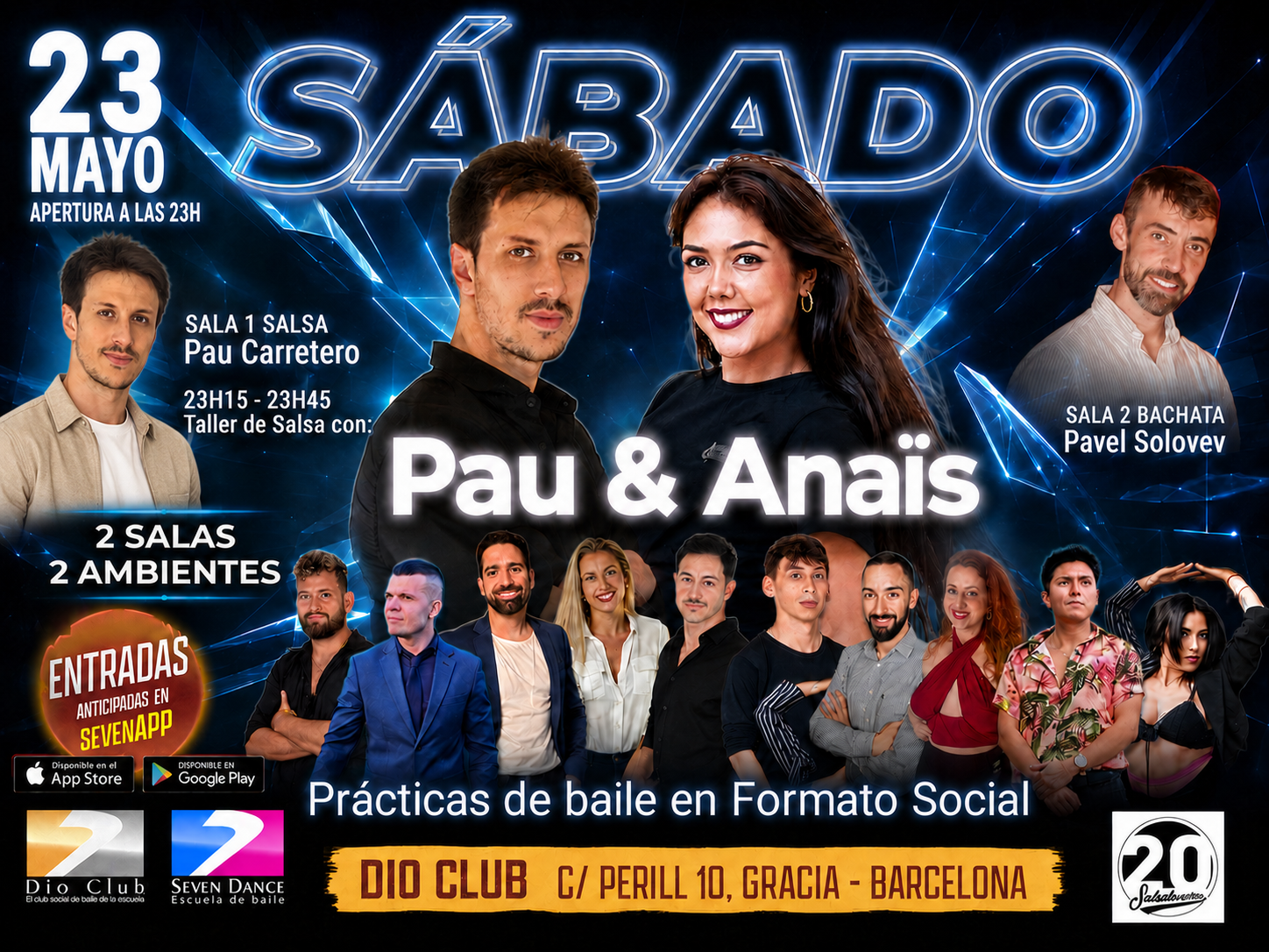 Evento Dio Club sábado 11 de abril en Barcelona con taller de salsa de Pau & Mar, salsa en Sala 1 con Pau Carretero y bachata en Sala 2 con Pavel Solovev, prácticas de baile en formato social con acceso mediante SevenApp