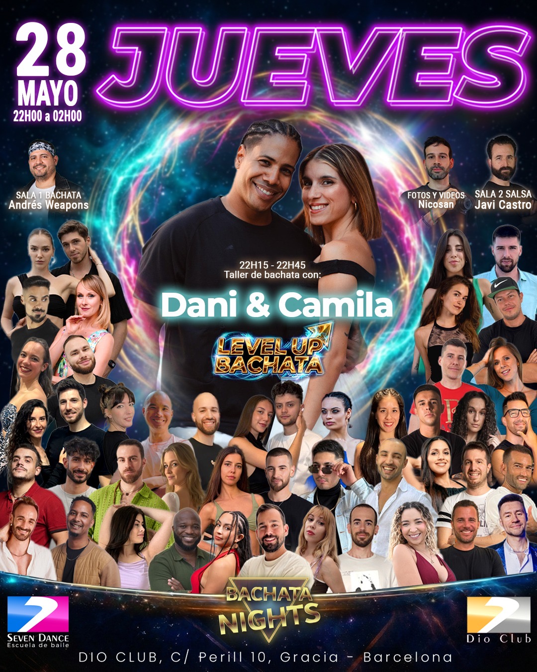 Flyer de LEVEL UP BACHATA en Dio Club Barcelona con Pavel & Laura , Andrés Weapons en bachata y Javi Castro en salsa, el 16 de abril en Gràcia Barcelona