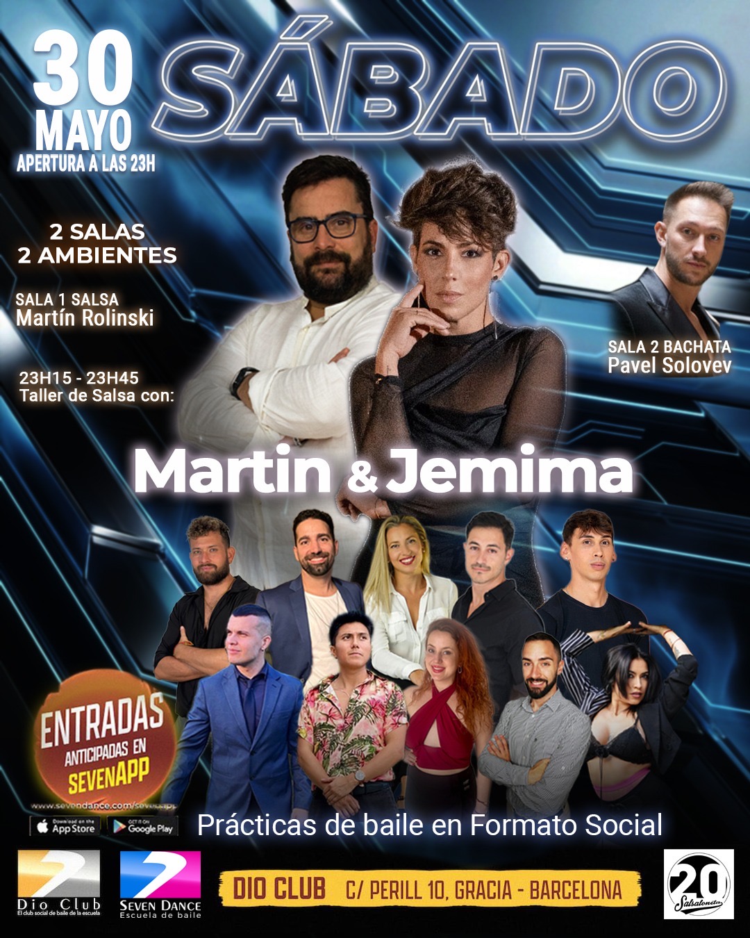 Evento Dio Club sábado 11 de abril en Barcelona con taller de salsa de Pau & Mar, salsa en Sala 1 con Pau Carretero y bachata en Sala 2 con Pavel Solovev, prácticas de baile en formato social con acceso mediante SevenApp