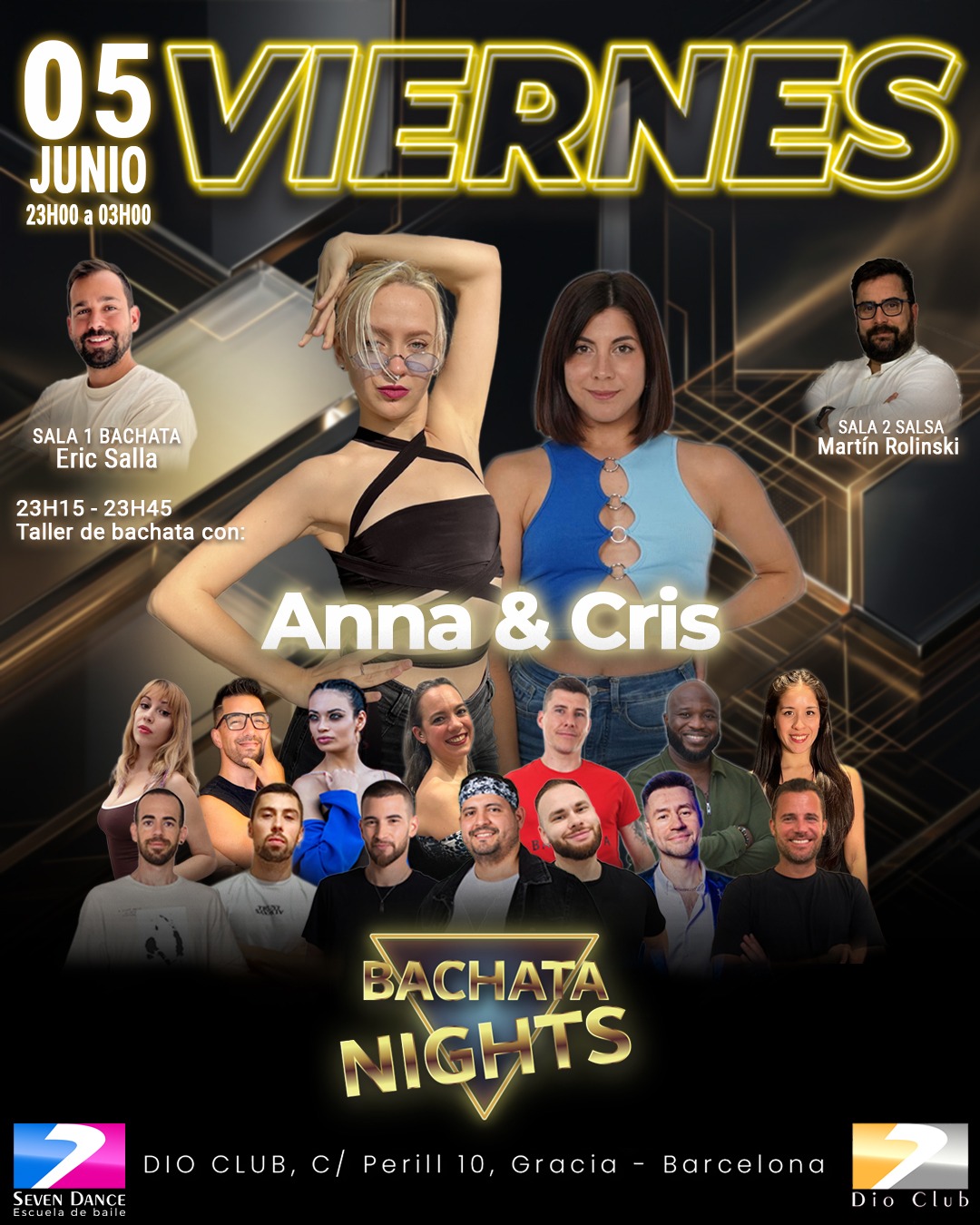 Flyer de evento Bachata Nights en Dio Club Barcelona el viernes 22 de mayo con taller de bachata de Thiago & Ari, Andrés Weapons en sala bachata y Jem Melendo en sala salsa, con programación de 23:00 a 03:00 y ambiente de baile social.