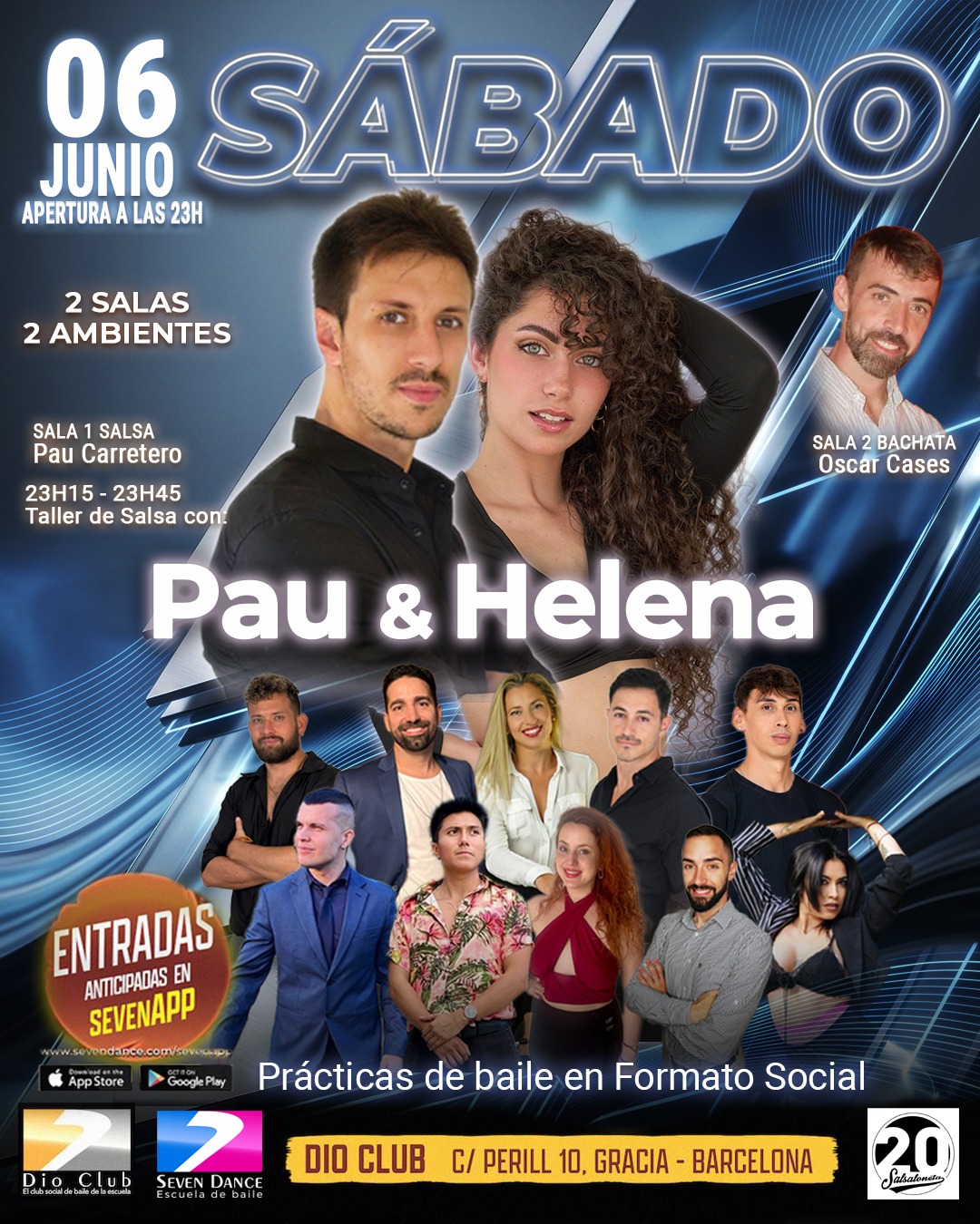 Evento Dio Club sábado 11 de abril en Barcelona con taller de salsa de Pau & Mar, salsa en Sala 1 con Pau Carretero y bachata en Sala 2 con Pavel Solovev, prácticas de baile en formato social con acceso mediante SevenApp
