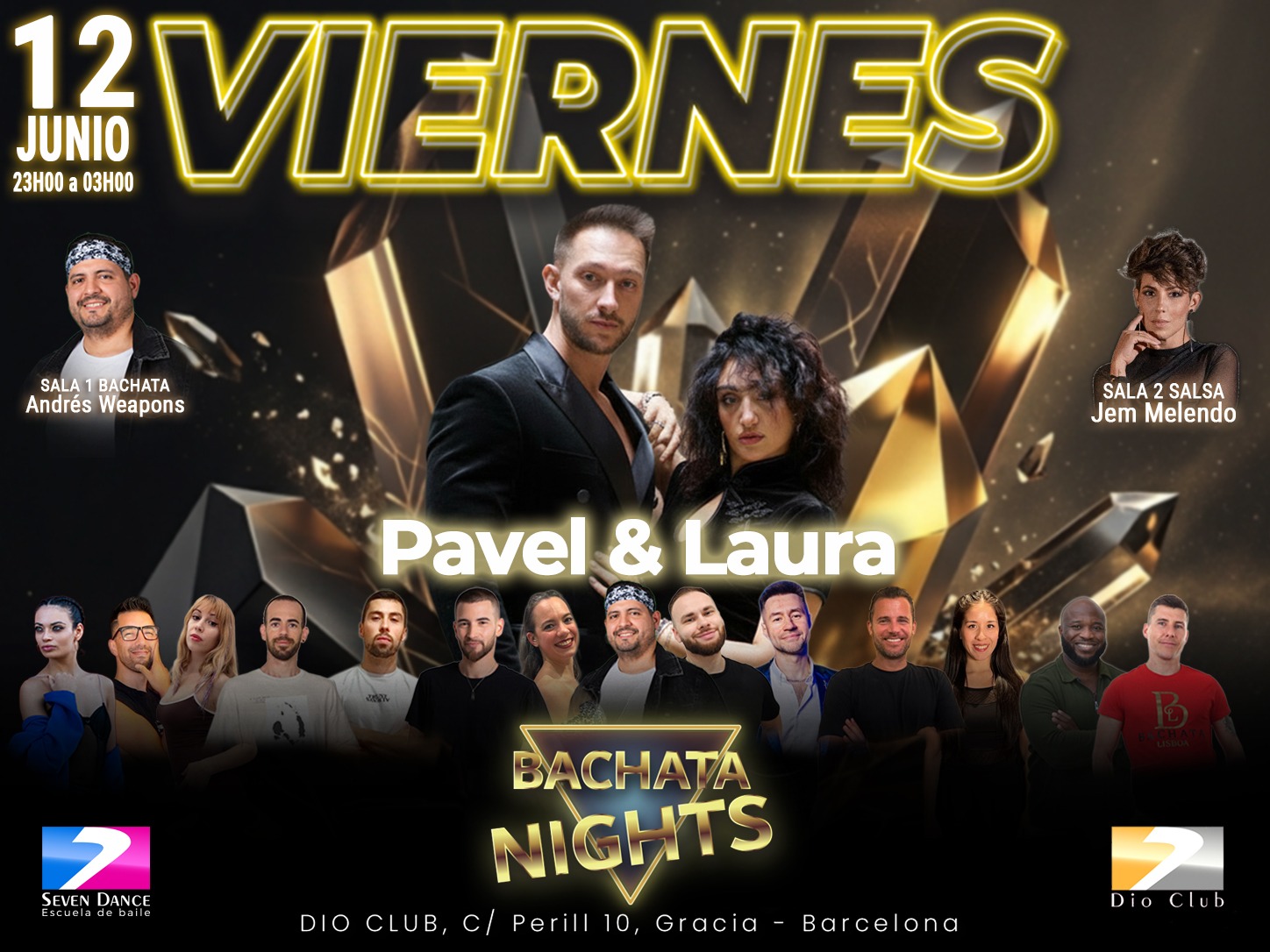 Flyer de evento Bachata Nights en Dio Club Barcelona el viernes 22 de mayo con taller de bachata de Thiago & Ari, Andrés Weapons en sala bachata y Jem Melendo en sala salsa, con programación de 23:00 a 03:00 y ambiente de baile social.