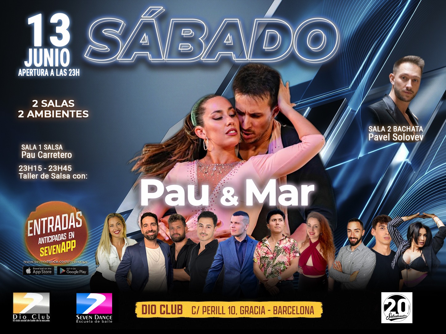 Evento Dio Club sábado 11 de abril en Barcelona con taller de salsa de Pau & Mar, salsa en Sala 1 con Pau Carretero y bachata en Sala 2 con Pavel Solovev, prácticas de baile en formato social con acceso mediante SevenApp