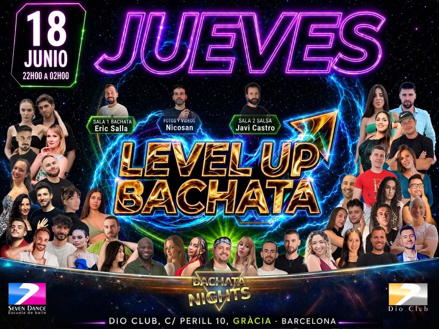 Flyer de LEVEL UP BACHATA en Dio Club Barcelona con Pavel & Laura , Andrés Weapons en bachata y Javi Castro en salsa, el 16 de abril en Gràcia Barcelona