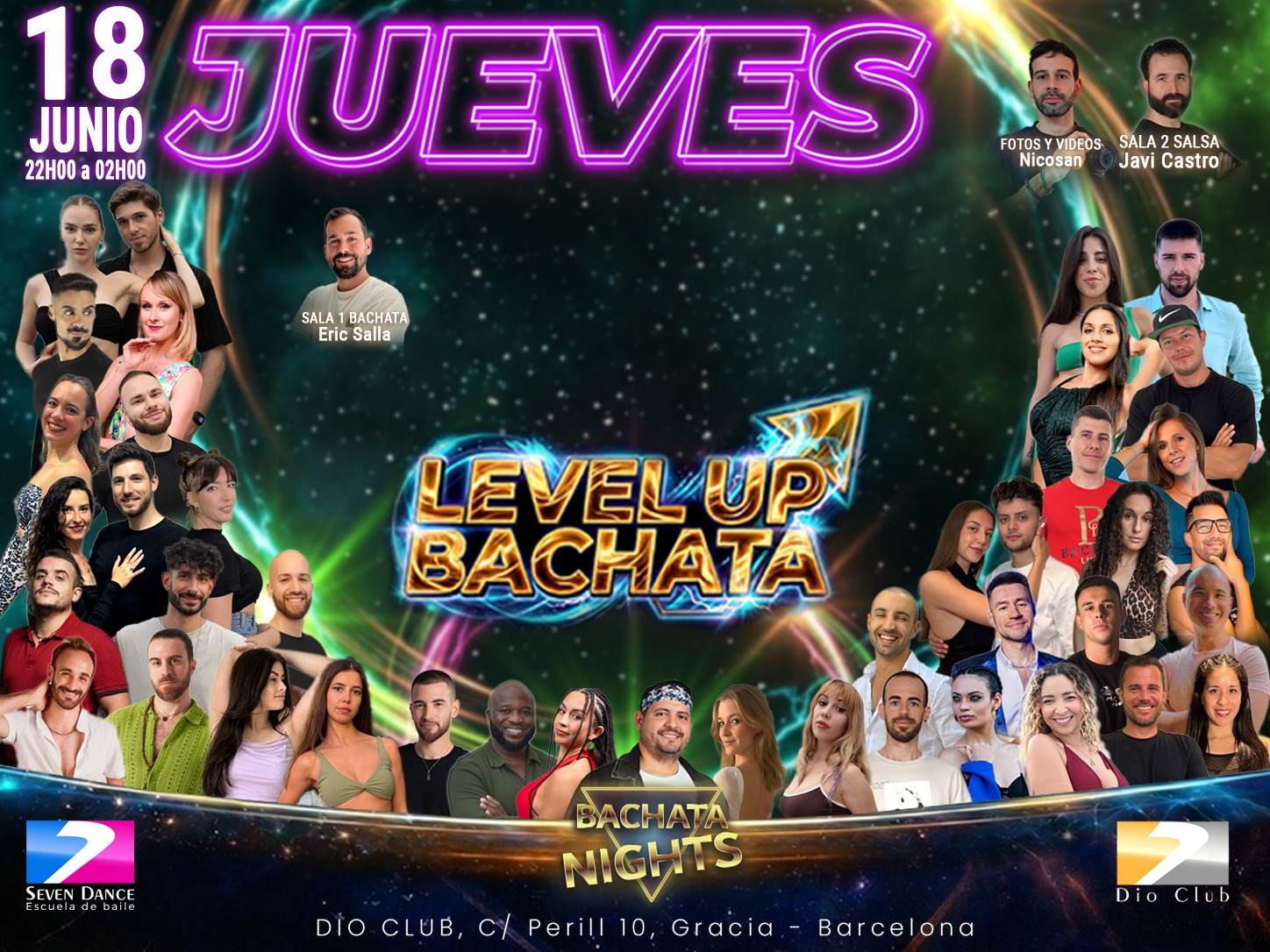 Flyer de LEVEL UP BACHATA en Dio Club Barcelona con Pavel & Laura , Andrés Weapons en bachata y Javi Castro en salsa, el 16 de abril en Gràcia Barcelona