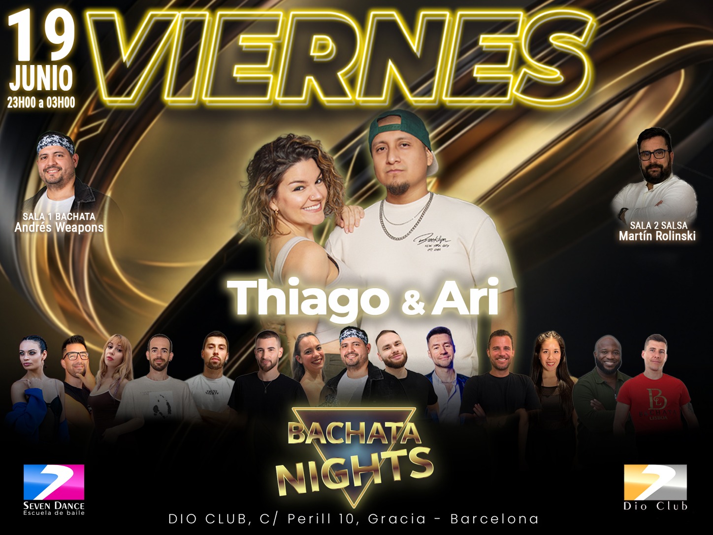 Flyer de evento Bachata Nights en Dio Club Barcelona el viernes 22 de mayo con taller de bachata de Thiago & Ari, Andrés Weapons en sala bachata y Jem Melendo en sala salsa, con programación de 23:00 a 03:00 y ambiente de baile social.