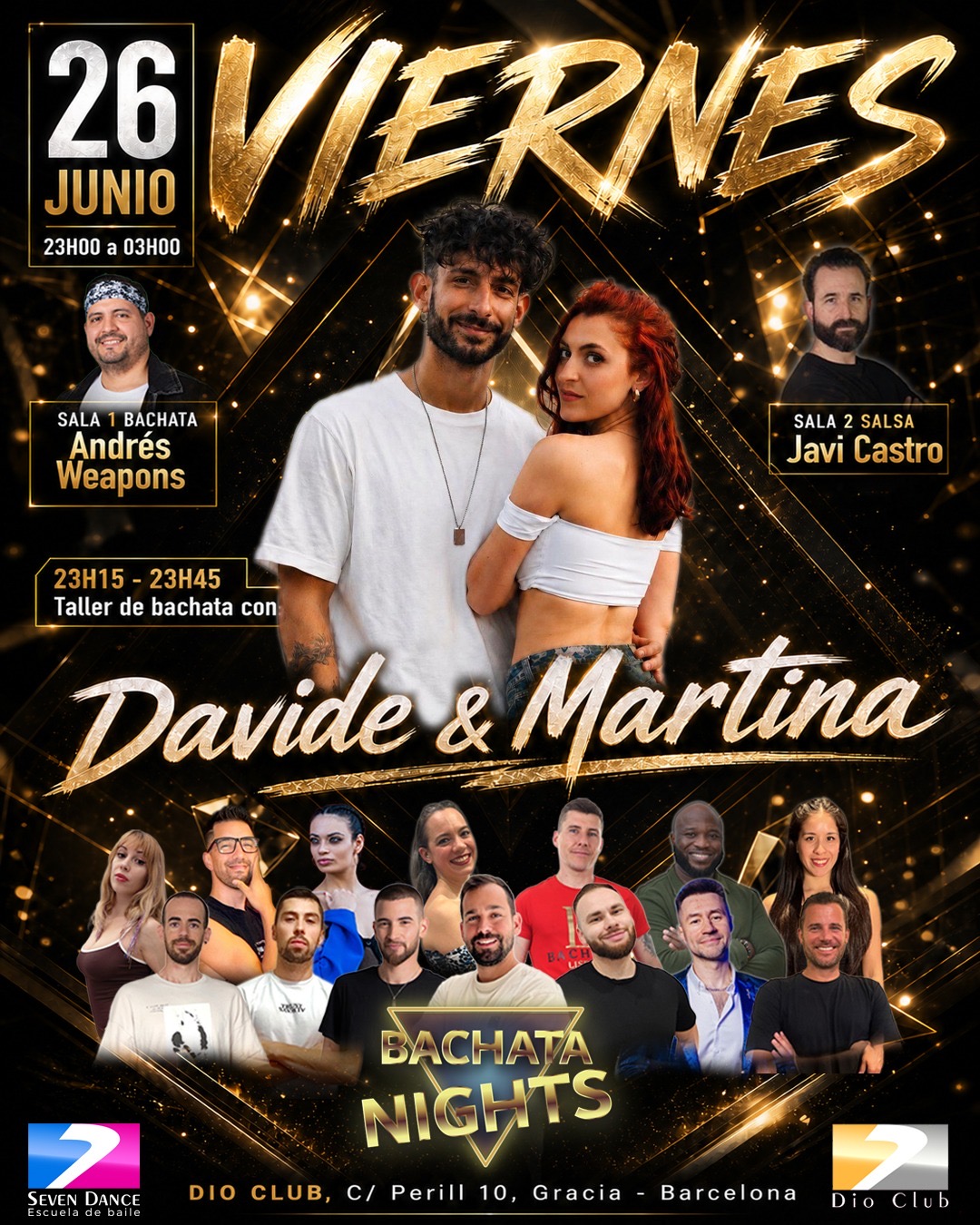 Flyer de evento Bachata Nights en Dio Club Barcelona el viernes 22 de mayo con taller de bachata de Thiago & Ari, Andrés Weapons en sala bachata y Jem Melendo en sala salsa, con programación de 23:00 a 03:00 y ambiente de baile social.