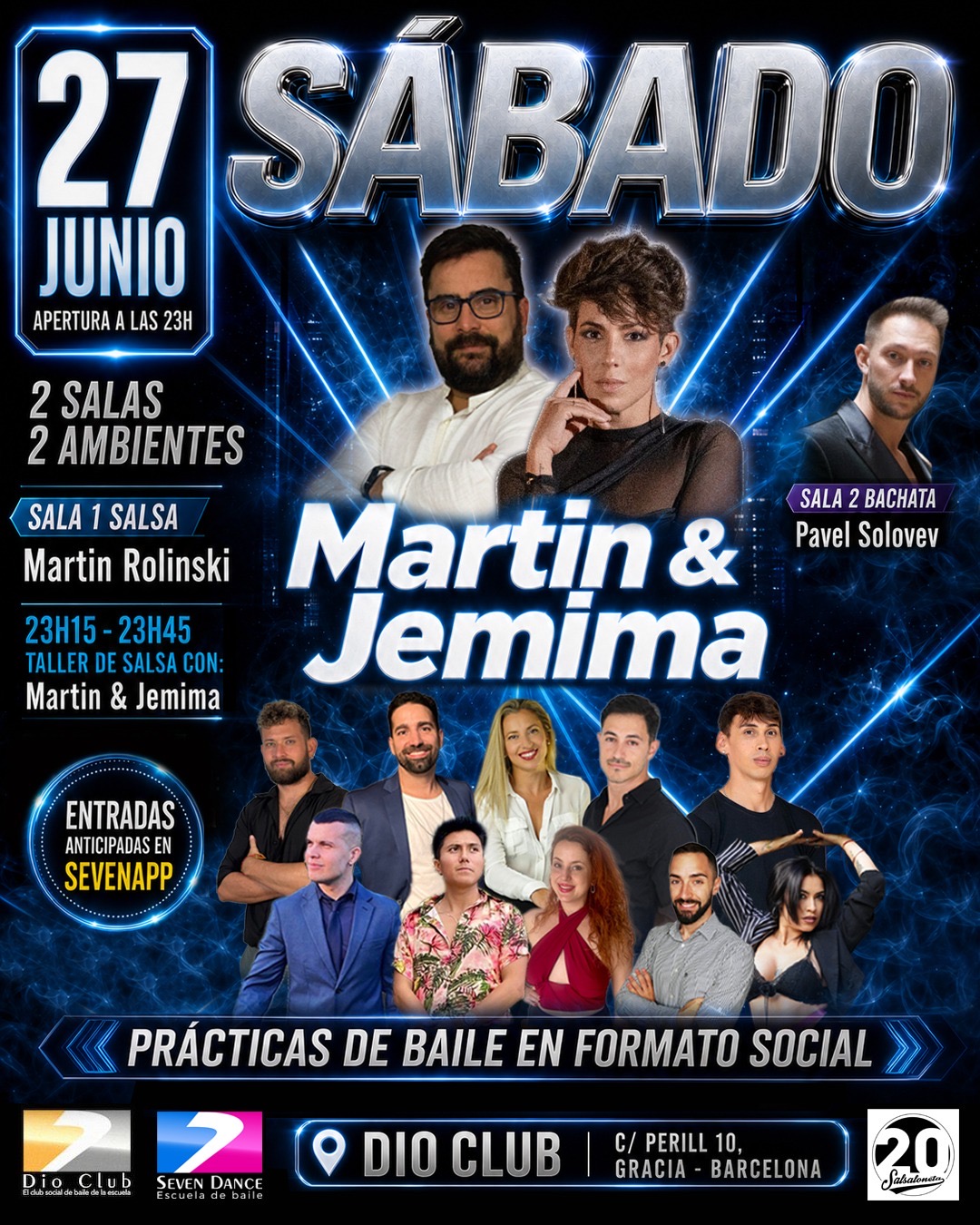 Evento Dio Club sábado 27 de junio en Barcelona con taller de salsa de Pau & Mar, salsa en Sala 1 con Pau Carretero y bachata en Sala 2 con Pavel Solovev, prácticas de baile en formato social con acceso mediante SevenApp