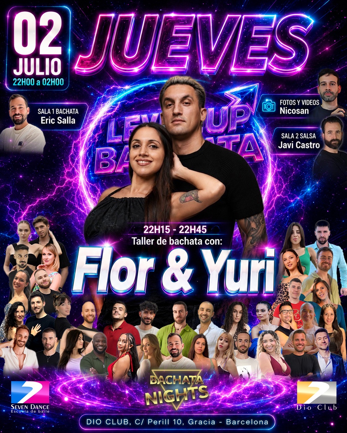 Flyer de Taller LEVEL UP BACHATA con Flor & Yuri en Dio Club Barcelona el 2 de julio. Bachata y Salsa con Eric Salla y Javi Castro
