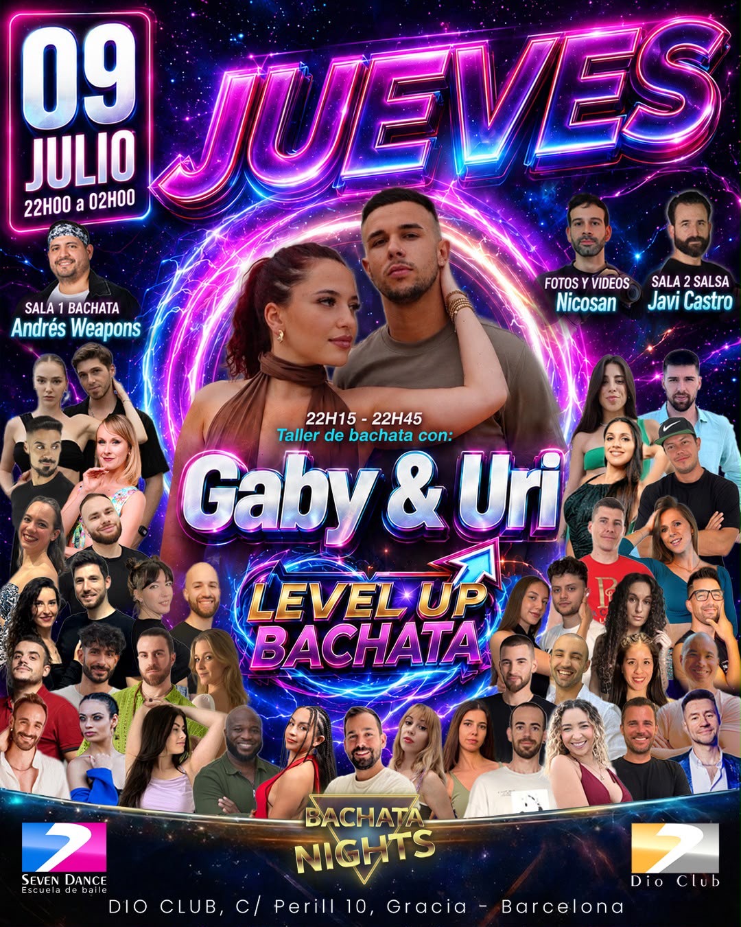 Jueves 9 de Julio Taller LEVEL UP BACHATA con Gaby & Uri en Dio Club Barcelona. Andrés Weapons en la sala de Bachata y Javi castro en la sala de Salsa.