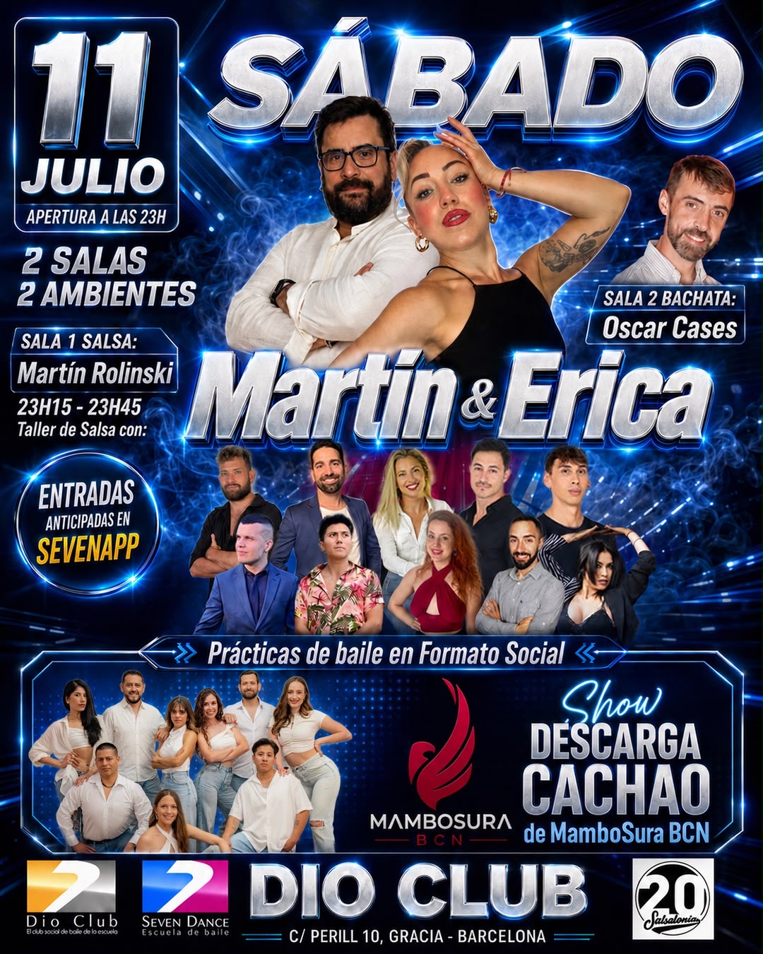 Sábado de baile social en Dio Club Barcelona con taller de salsa de Martin & Erica. Sala 1 de salsa con Martin Rolinski y sala 2  de bachata con Oscar.Cases.