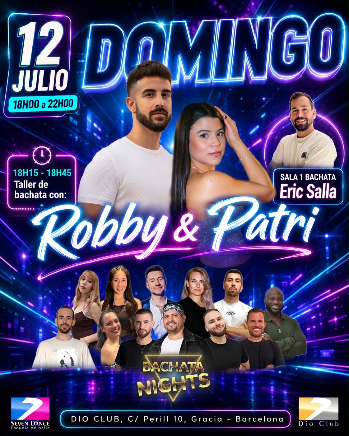 El domingo 12 de julio se baila bachata en Dio Club. Empezamos con un taller de  Robby & Patri  y social de baile con Eric Salla hasta las 22-:00.