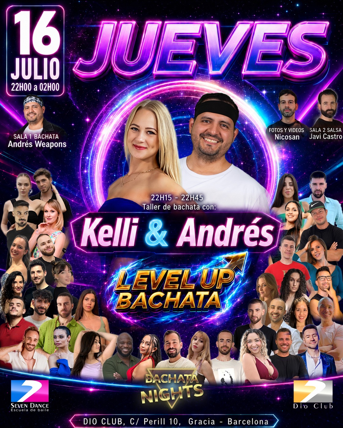 El próximo Jueves 16 de Julio empieza el fin de semana en Dio Club con un Taller LEVEL UP BACHATA con Kelli & Andrés. En la sala de Bachata, Andrés Weapons y  Javi Castro en la sala de Salsa.