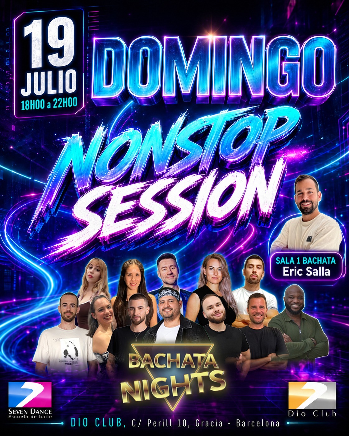 El domingo 19 de julio Bachata Nights y Seven Dance te esperan en Dio Club con una sesión Non Stop de Bachata a cargo de Eric Salla.