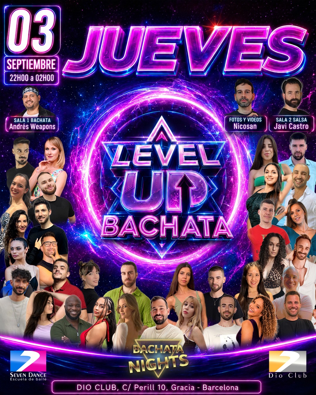 La nueva temporada empieza el jueves 3 de septiembre en Dio Club con una sesión Non Stpo de Level Up Bachata. Sala 1 de bachata con Andres Weapons y sala 2 de salsa con Javi Castro