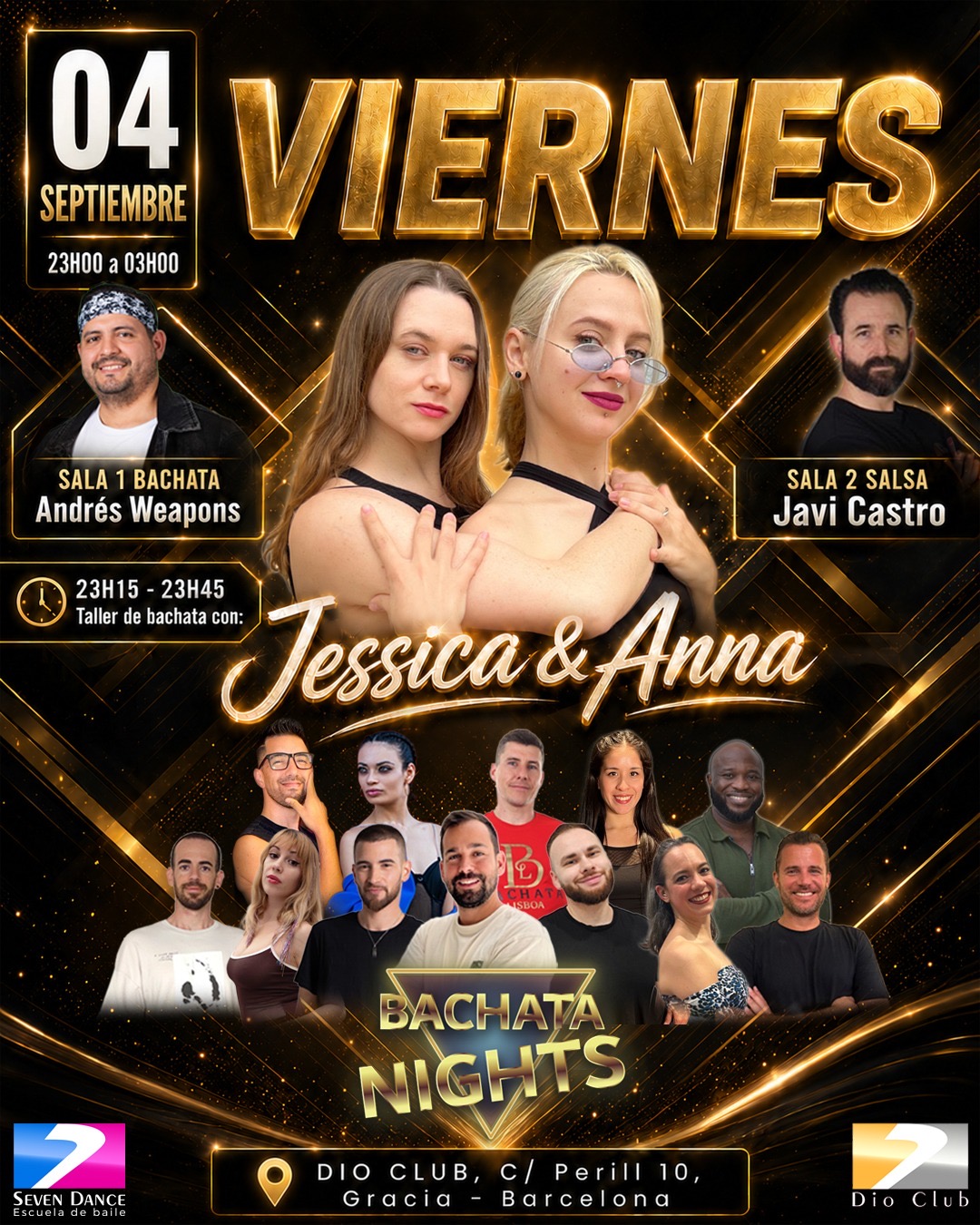 El viernes 4 de septiembre se vive bailando salsa y bachata en Dio Club con el  taller de bachata de Jussica & Anna y dos salas con dos ambientes. Bachata en Sala 1 con Andres Weapons y salsa en sala 2 con Jem Melendo
