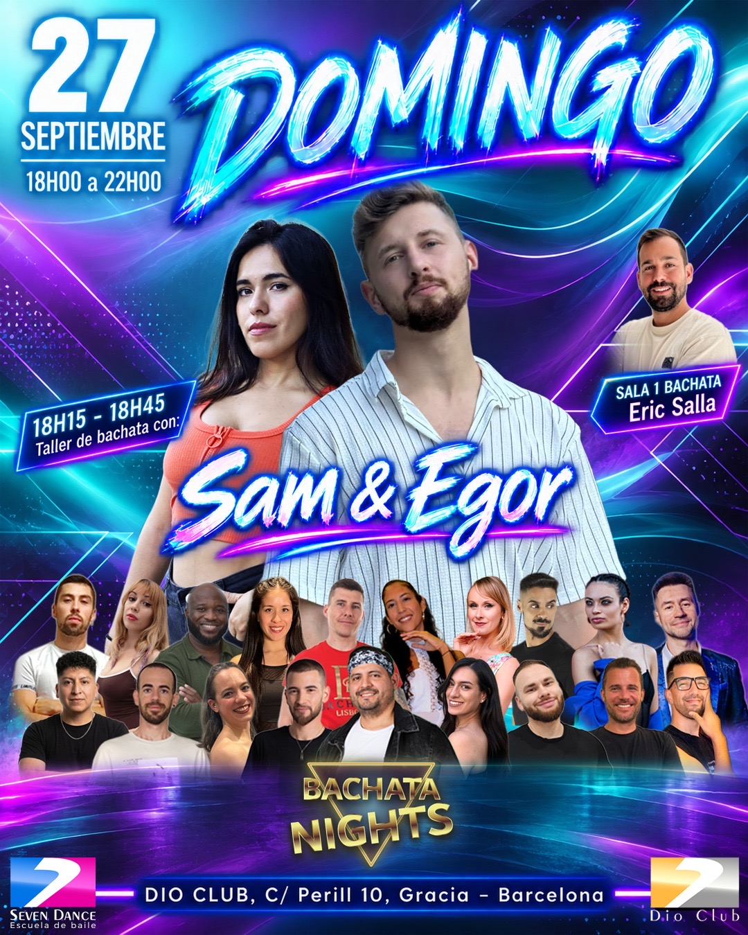 Bachata Nights en Dio Club Barcelona el 27 de septiembre con Sam & Egor y Eric Salla. Taller y sesión de bachata de 18:00 a 22:00 h.