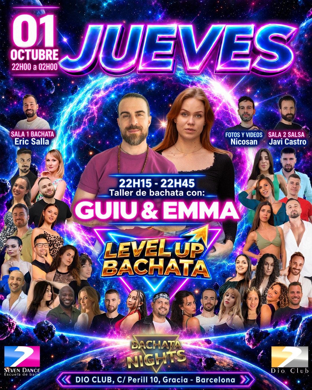 El Jueves 1 de octubre en Dio Club Barcelona con taller de bachata de la mano de Guiu & Emmadrés & Ygne, Sala de  bachata con Andrés Weapons y salsa con Javi Castro.