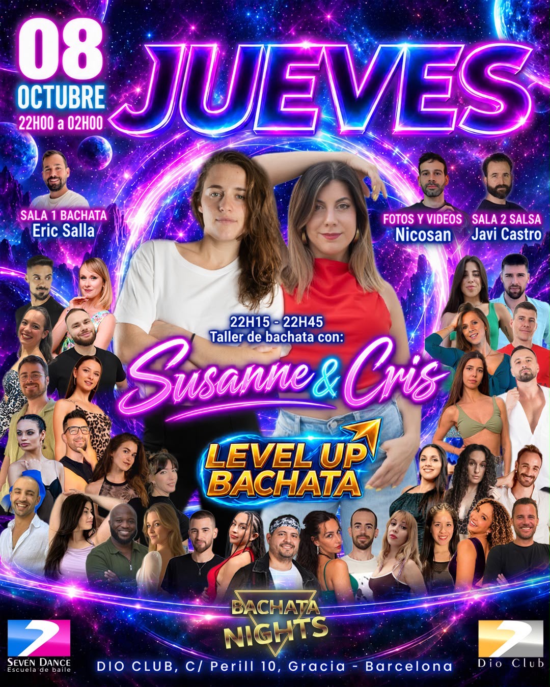 El Jueves 8 de octubre en Dio Club sesión con Bachata Nights. Taller de bachata de la mano de Susanne & Cris Sala de  bachata con Eric Salla y salsa con Javi Castro.