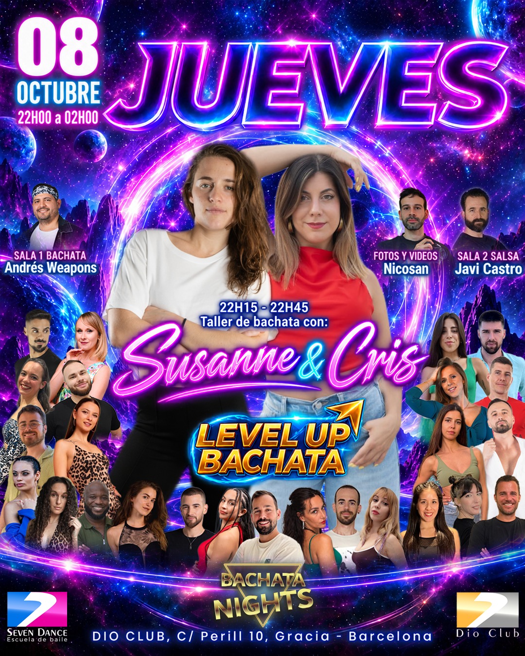El Jueves 8 de octubre en Dio Club sesión con Bachata Nights. Taller de bachata de la mano de Susanne & Cris Sala de  bachata con Eric Salla y salsa con Javi Castro.