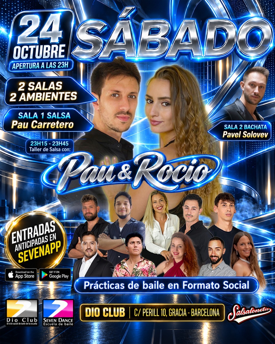 El próximo sábado se baila salsa y bachata en Dio Club. Empezamos con un taller de Pau & Rocio. Dos salas, dos ambientes. En sala 1, salsa con Pau Carretero y en sala 2, bachata con Pavel Solovev.
