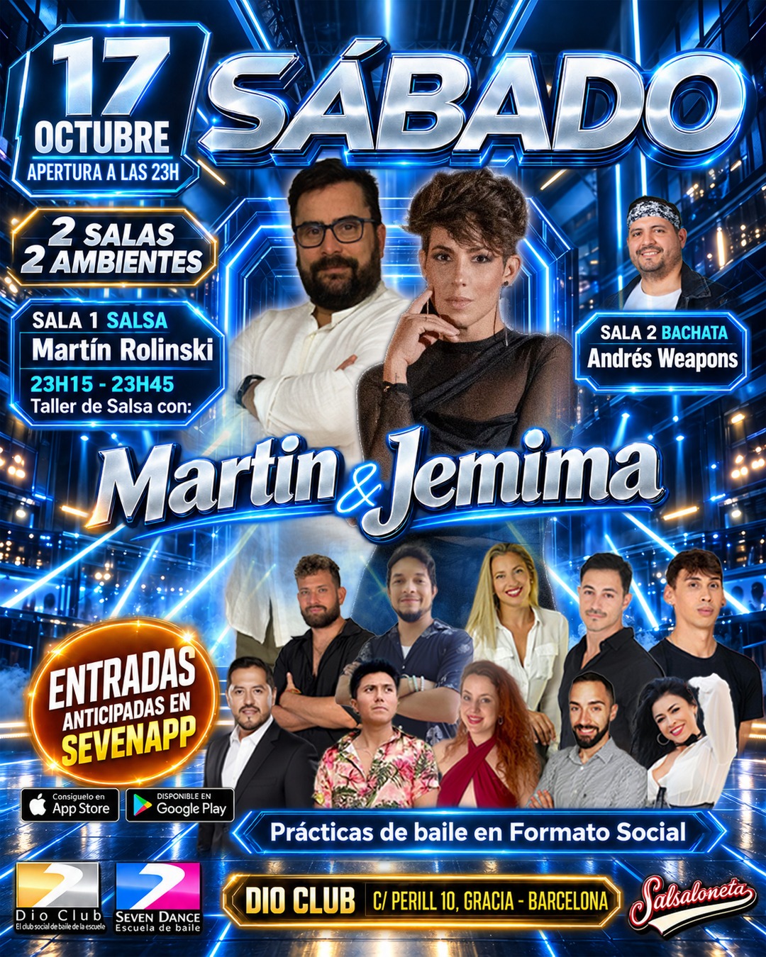 El 17 de octubre, es sábado de salsa y bachata en Dio Club con taller de Martin & Jemima y dos salas de baile.. En sala 1, salsa con Martin Rolinski y en sala 2, bachata con Andres Weapons