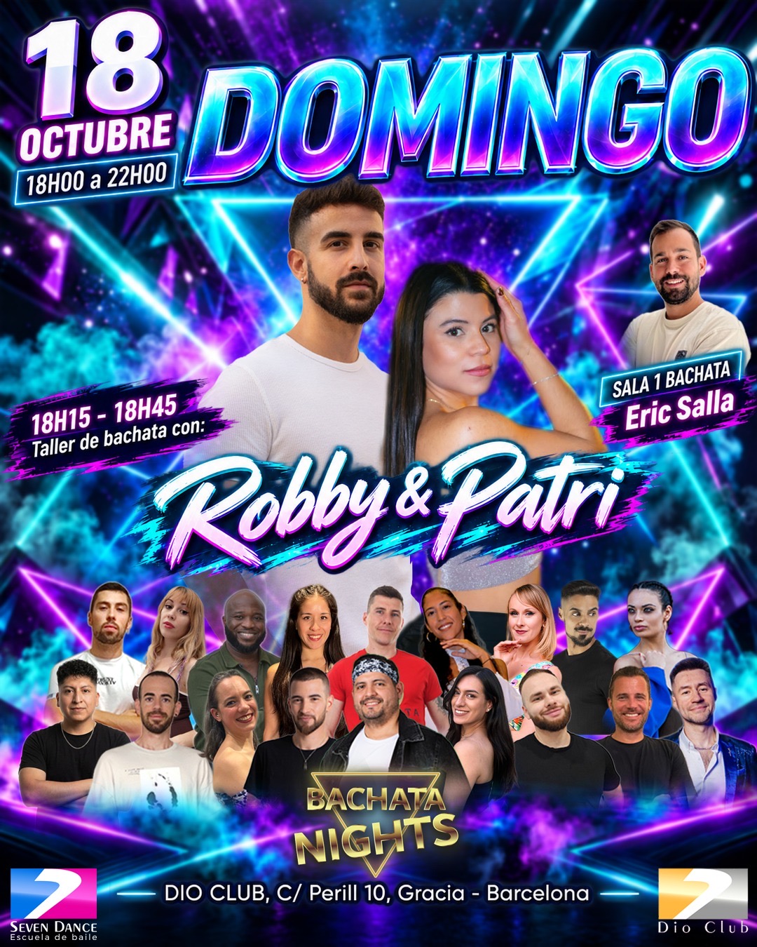 Domingo 6 de septiembre, sesión de bachata pensada para bailar, compartir y seguir aprendieno en Dio Club con taller de bachata con  Robby y Patri. Seguiremos con baile social de la mano de Eric Salla